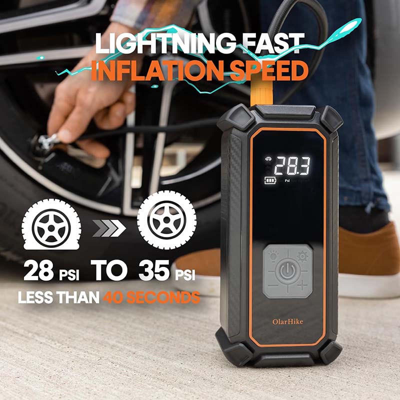 OlarHike Portable Tire Inflator - Air Compressor for Car Tires with Automatic Shutoff - 120 psi Digital Pressure Gauge and Emergency LED Light - Cordless and Compact Automotive Pump - Black and Orange